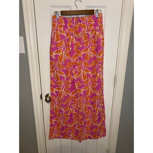 Sincerely Jules Pants - Sincerely Jules Pink Tropical Leaf Print Wide Leg Linen Blend Pants Large
